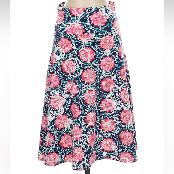 LuLaRoe Dresses & Skirts - LuLaRoe Azure Pink & Blue A-Line Midi Skirt Floral Butterfly Rare Size Small S